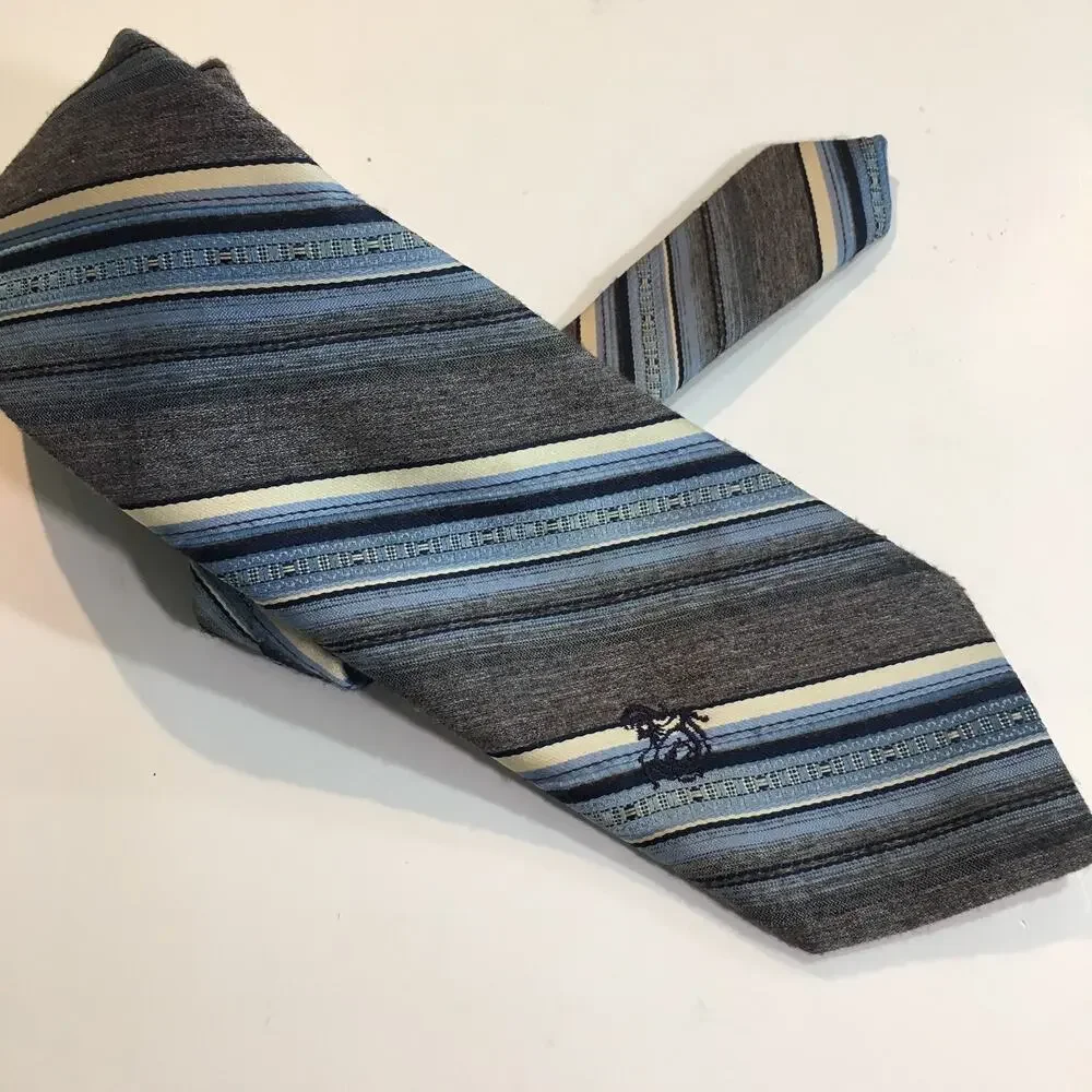 Via Re Mens Tie Blue Gray Brown White Striped Textured Necktie Embroidered Logo